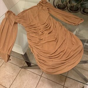 Elegant Tan Ruched Dress
